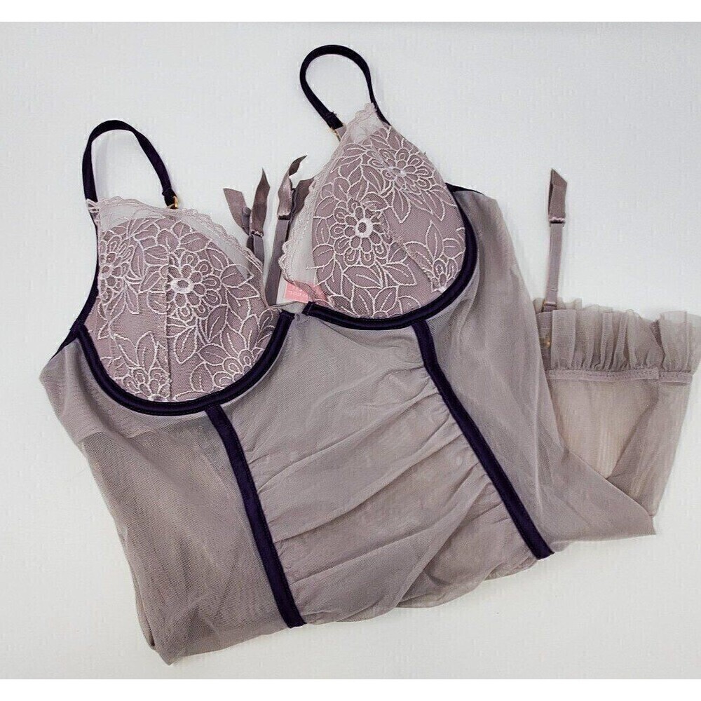 VICTORIA'S SECRET VERY SEXY GREY & PURPLE LINGERIE NEGLIGEE GARTERS WOMEN 36C - Picture 6 of 12